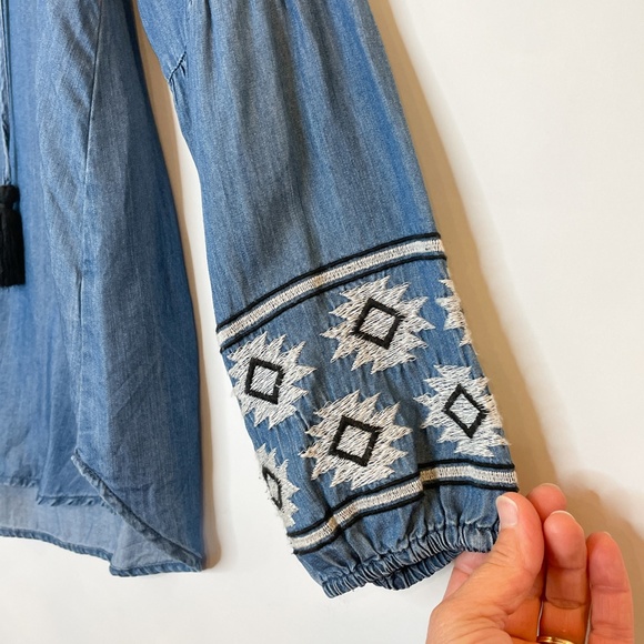 Altar’d State Chambray embroidered top w/ tassels - Picture 2 of 13